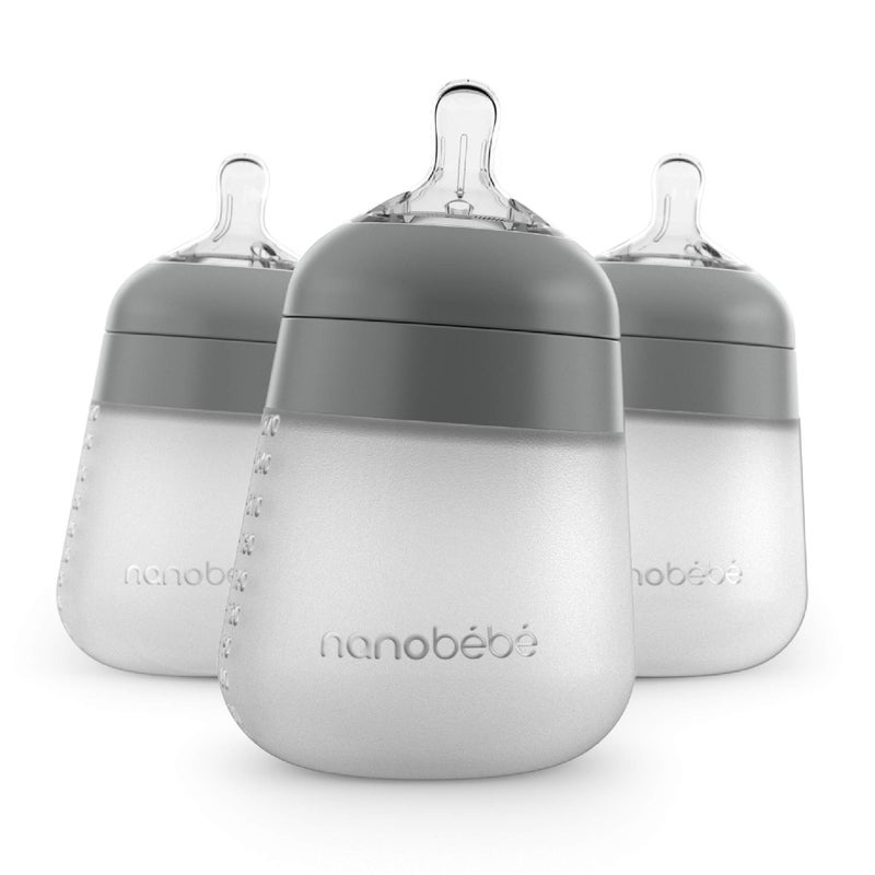 NANOBÉBÉ Nanobebe Flexy Silicone Baby Bottle, Anti-Colic, Natural Feel, Non-Collapsing Nipple, Non-Tip Stable Base, Easy to Clean, 3-Pack, Gray, 9oz - Image 1